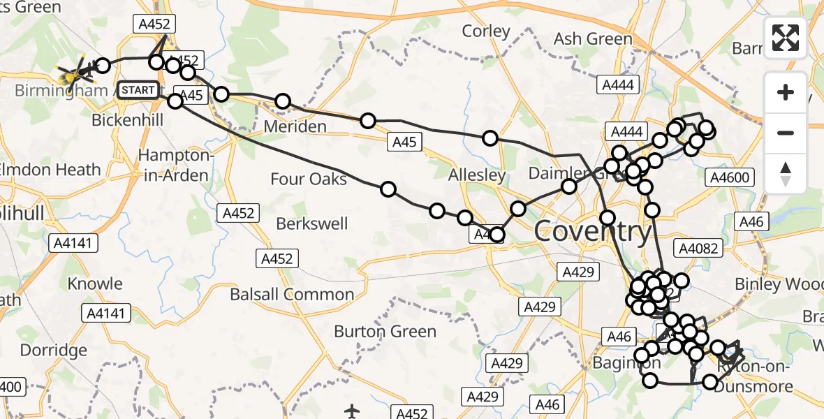 Flight route Police Helicopter Solihull - Birmingham Airport, 22 June 2026, 09:47