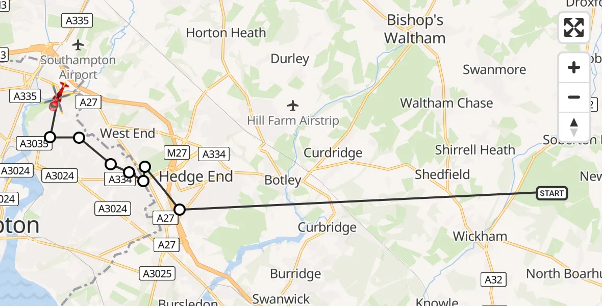 Flight route Air Ambulance Helicopter North Boarhunt - Mansbridge, 22 June 2026, 09:50