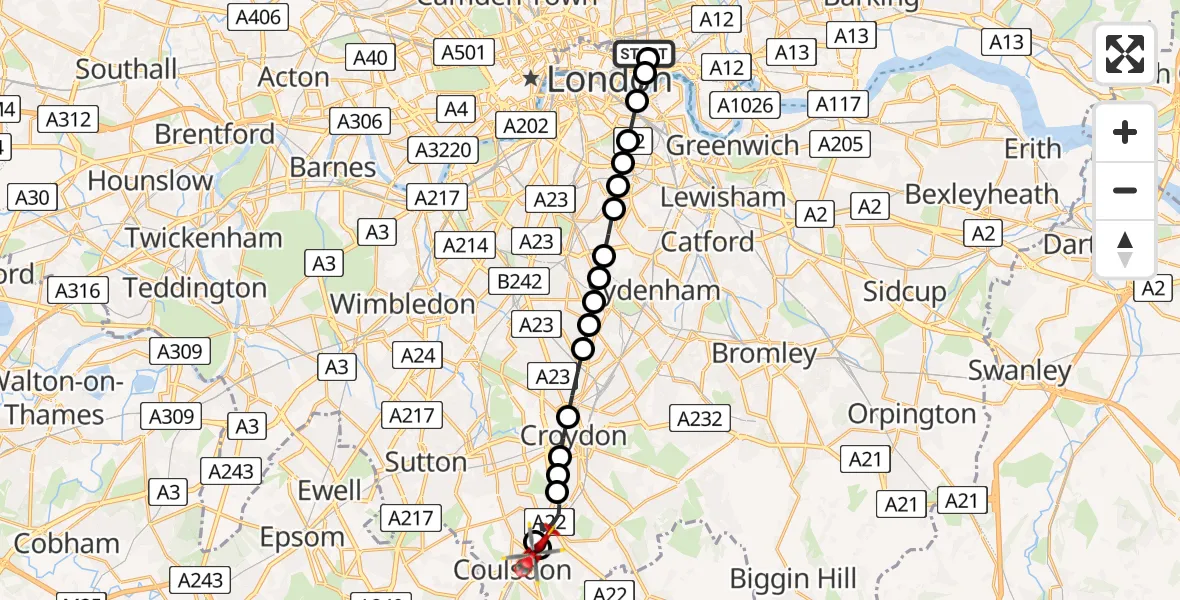 Flight route Air Ambulance Helicopter Royal London Hospital - Croydon, 22 June 2026, 09:54