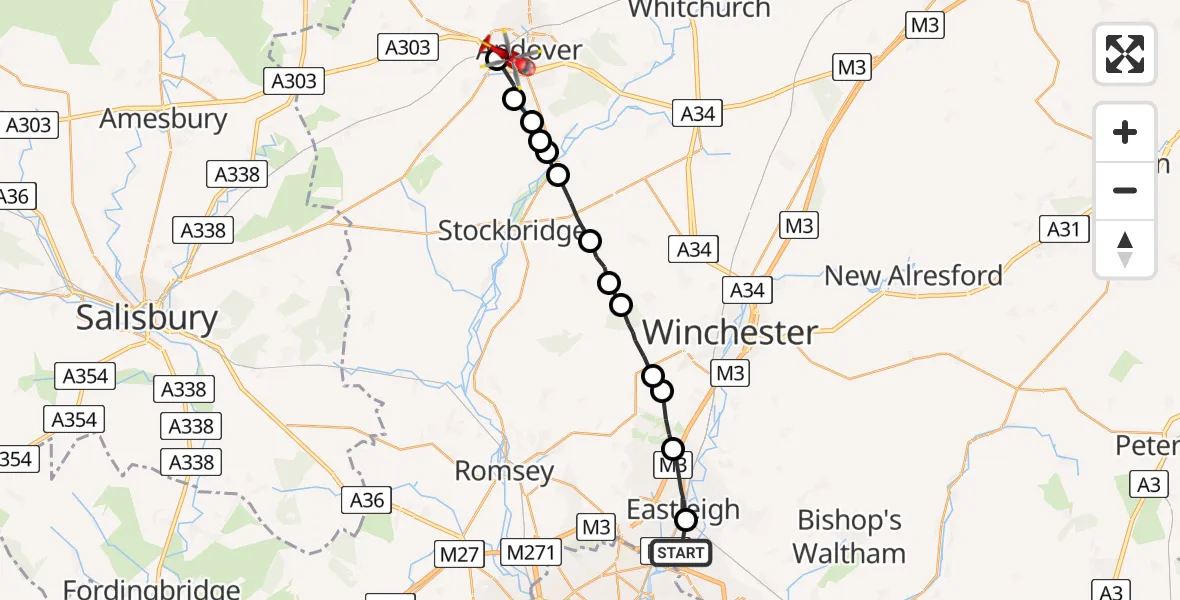 Flight route Air Ambulance Helicopter Southampton Airport - Andover, 22 June 2026, 09:55