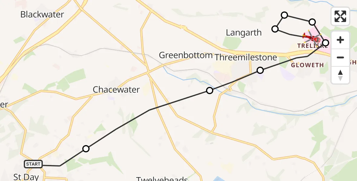 Flight route Air Ambulance Helicopter Scorrier - Treliske Hospital, 22 June 2026, 09:58