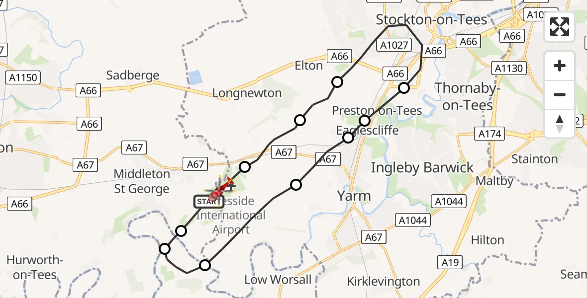 Flight route Air Ambulance Helicopter Teesside International Airport - Teesside International Airport, 22 June 2026, 10:09