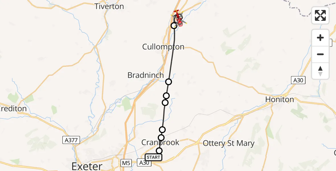 Flight route Air Ambulance Helicopter Exeter International Airport - Willand, 22 June 2026, 10:11