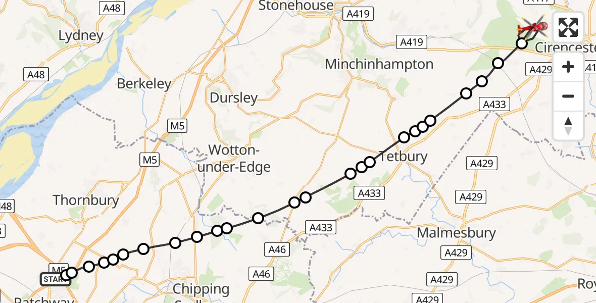 Flight route Air Ambulance Helicopter Almondsbury Helicopter Base - Cirencester, 22 June 2026, 10:11