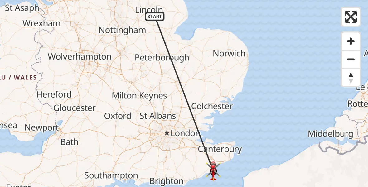 Flight route Air Ambulance Helicopter Dunston - Lydd London Ashford Airport, 22 June 2026, 10:19