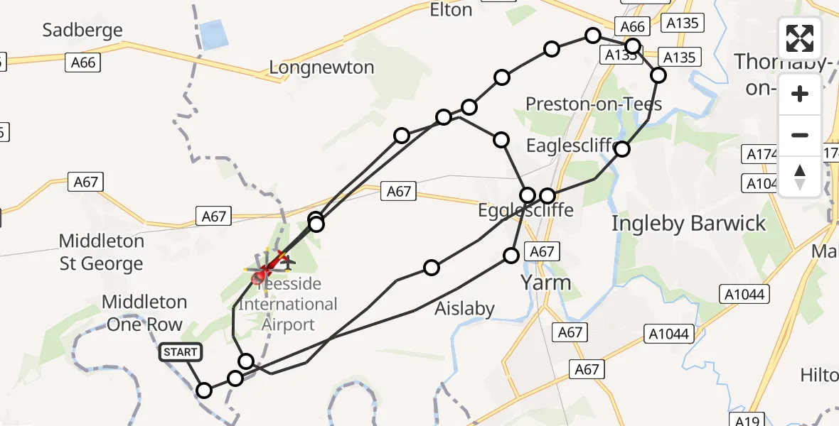 Flight route Air Ambulance Helicopter Teesside International Airport - Teesside International Airport, 22 June 2026, 10:24