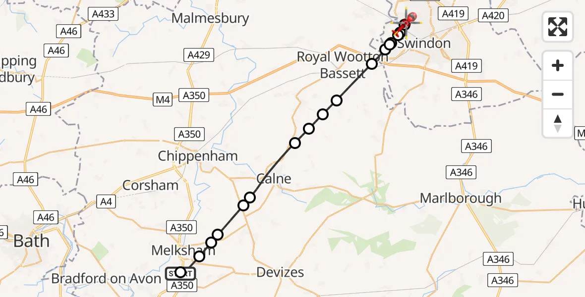 Flight route Air Ambulance Helicopter Wiltshire Air Ambulance - Swindon, 22 June 2026, 10:25
