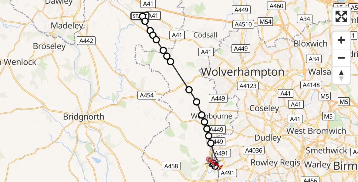 Flight route Air Ambulance Helicopter RAF Cosford - Dudley, 22 June 2026, 10:29