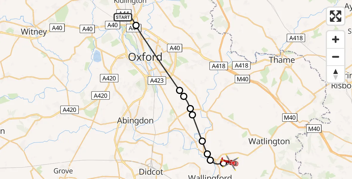 Flight route Air Ambulance Helicopter Yarnton - RAF Benson, 22 June 2026, 10:35