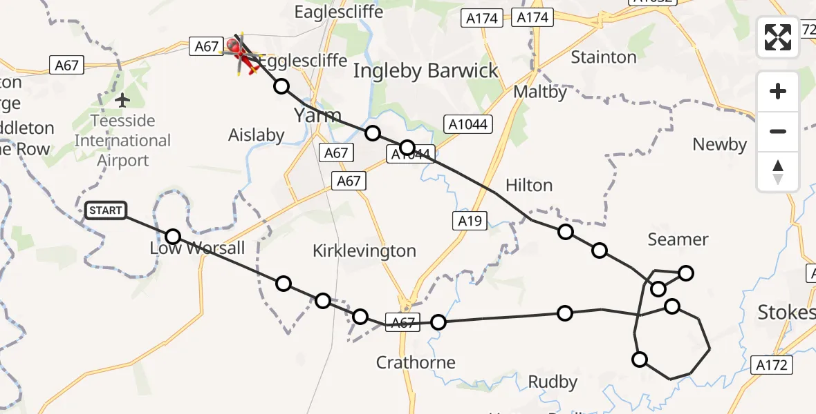 Flight route Air Ambulance Helicopter Aislaby - Egglescliffe, 22 June 2026, 10:40