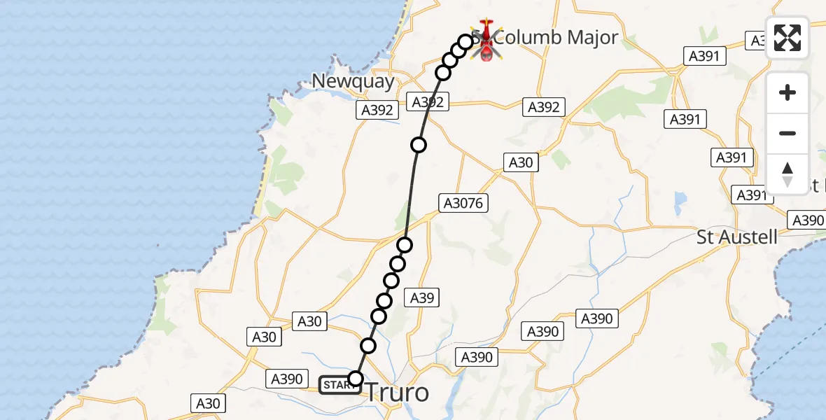 Flight route Air Ambulance Helicopter Treliske Hospital - Cornwall Airport Newquay, 22 June 2026, 10:53