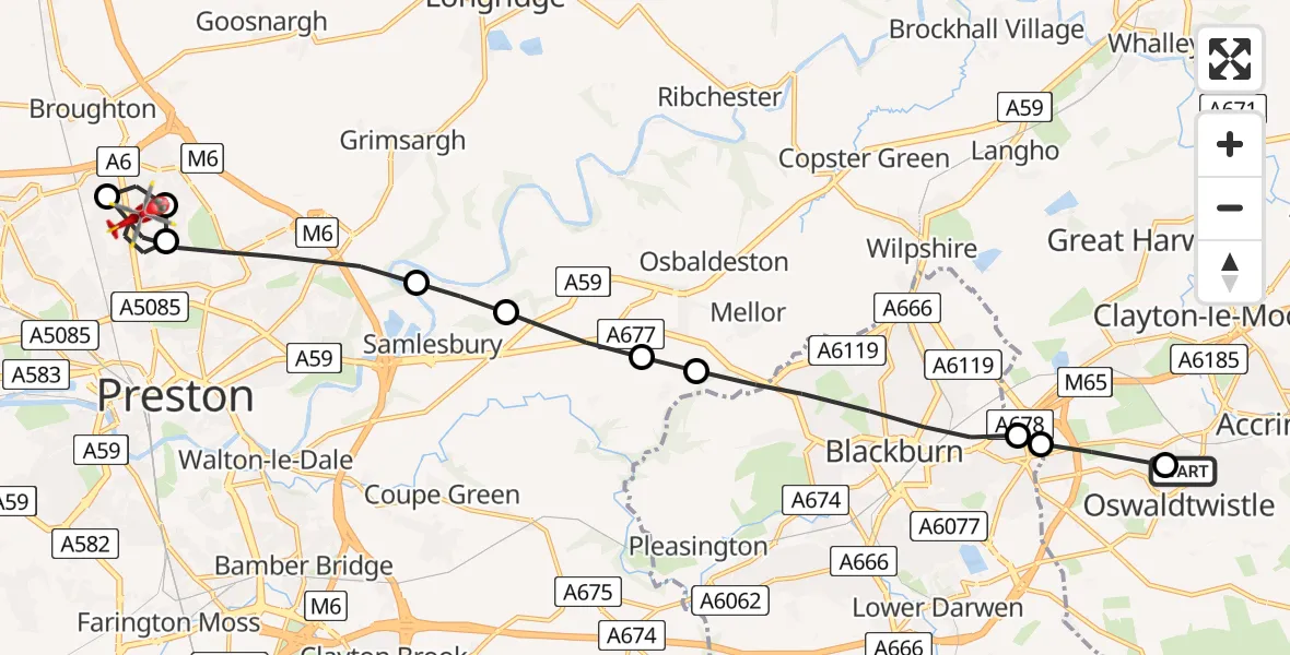 Flight route Air Ambulance Helicopter Oswaldtwistle - Preston, 22 June 2026, 10:55