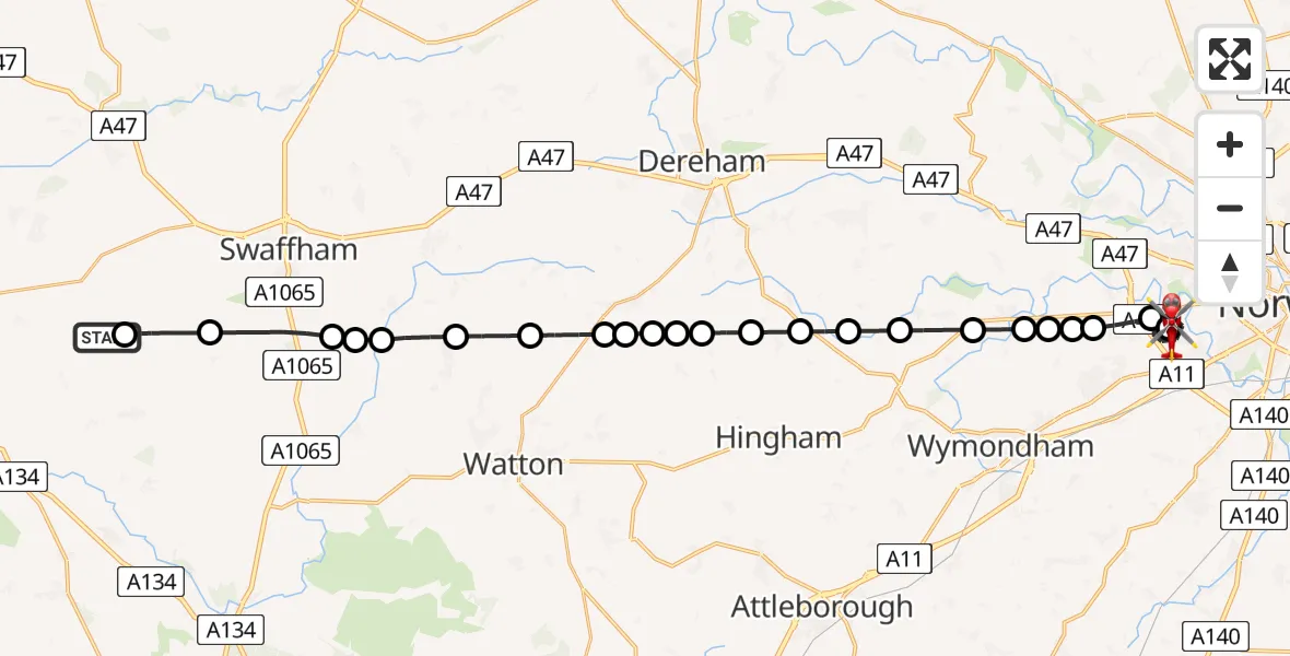 Flight route Air Ambulance Helicopter Beachamwell - Norfolk & Norwich Hospital, 22 June 2026, 10:57
