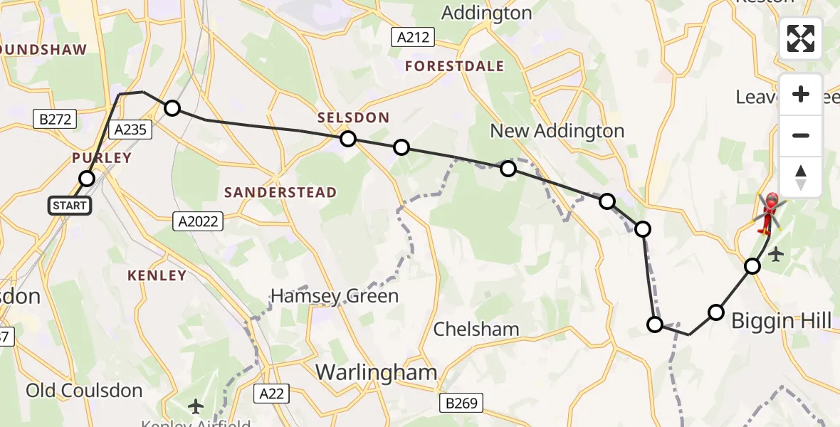 Flight route Air Ambulance Helicopter Purley - London Biggin Hill Airport, 22 June 2026, 11:01