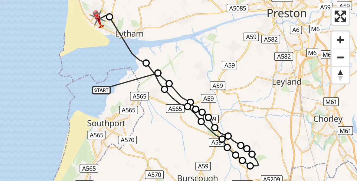 Flight route Air Ambulance Helicopter Sefton - Lytham St Annes, 22 June 2026, 11:04
