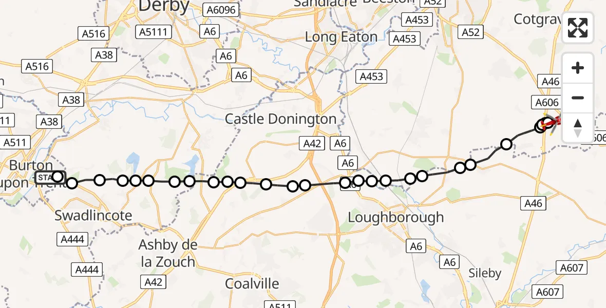 Flight route Air Ambulance Helicopter Burton upon Trent - Hickling, 22 June 2026, 11:05