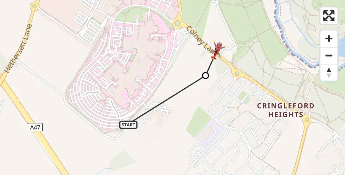 Flight route Air Ambulance Helicopter Norfolk & Norwich Hospital - Colney, 22 June 2026, 11:14