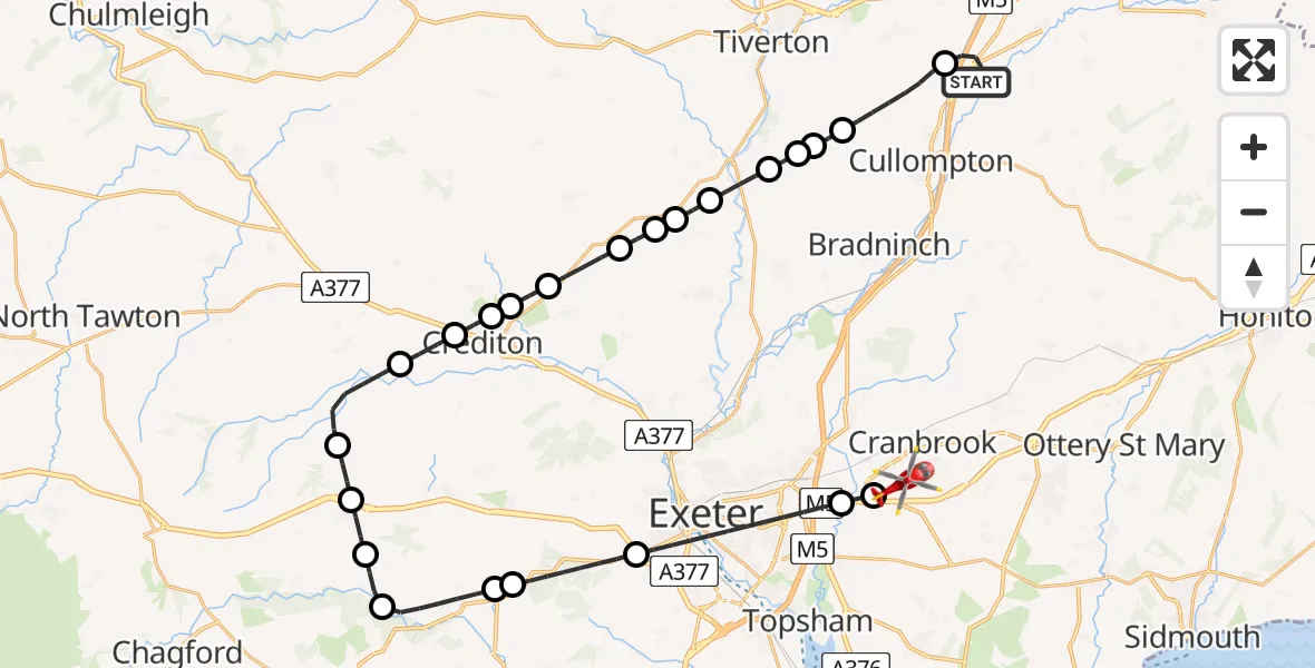 Flight route Air Ambulance Helicopter Willand - Exeter International Airport, 22 June 2026, 11:16