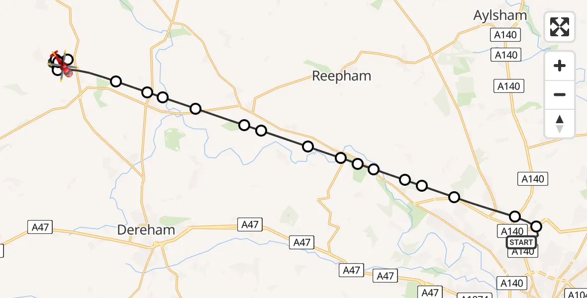 Flight route Air Ambulance Helicopter Norwich Airport - Breckland, 22 June 2026, 11:19