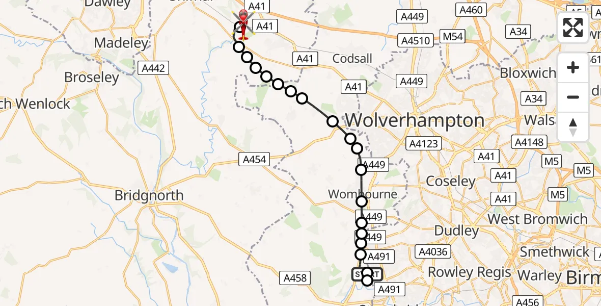 Flight route Air Ambulance Helicopter Kinver - Cosford, 22 June 2026, 11:24