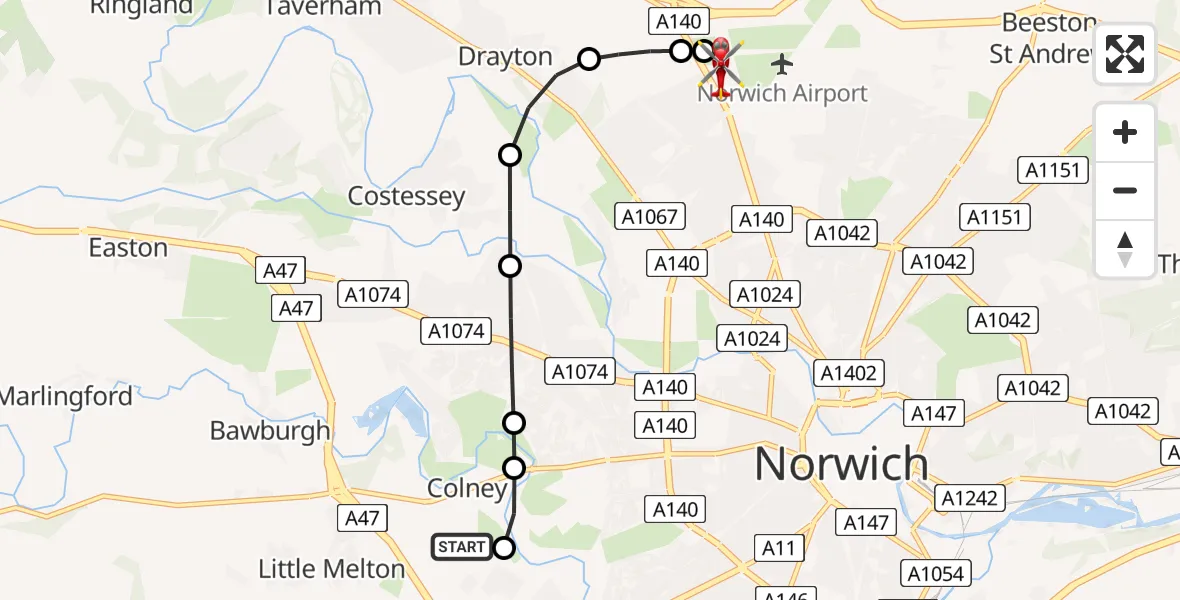Flight route Air Ambulance Helicopter Norfolk & Norwich Hospital - Norwich Airport, 22 June 2026, 11:30