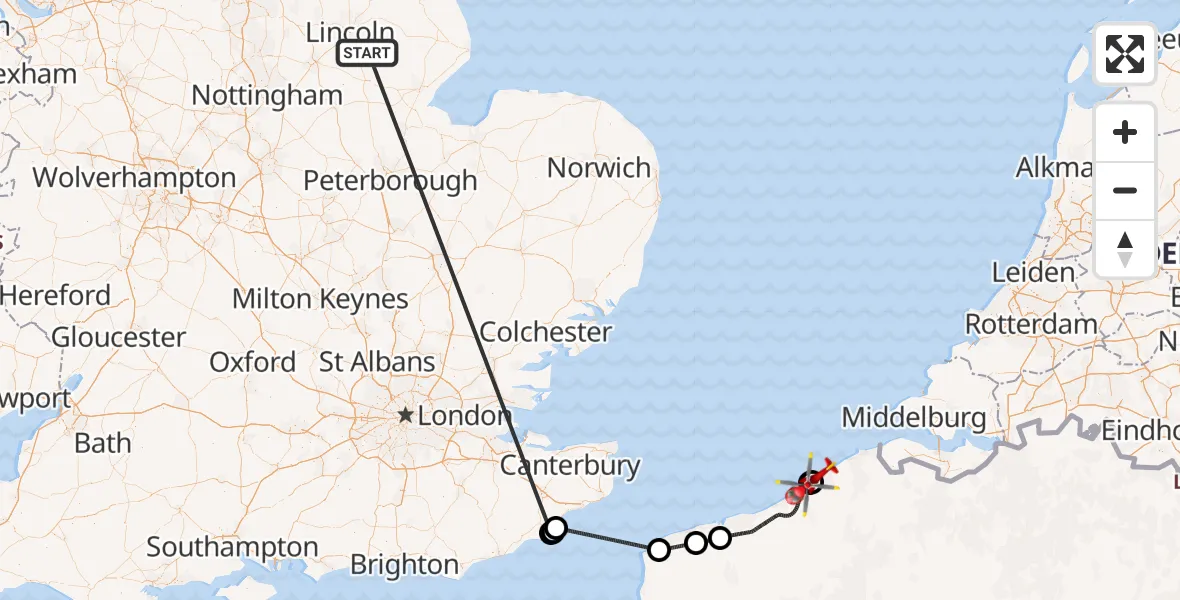 Flight route Air Ambulance Helicopter Dunston - Oostende-Brugge International Airport, 22 June 2026, 11:32