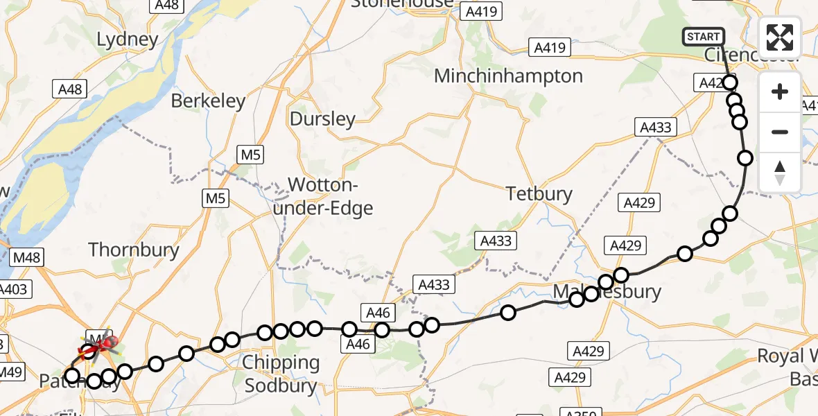 Flight route Air Ambulance Helicopter Cirencester - Almondsbury Helicopter Base, 22 June 2026, 11:35