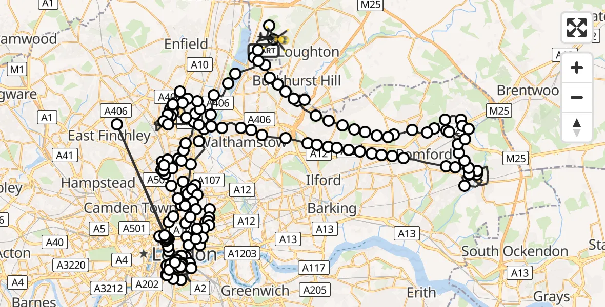 Flight route Police Helicopter Chingford - Sewardstonebury, 22 June 2026, 11:39