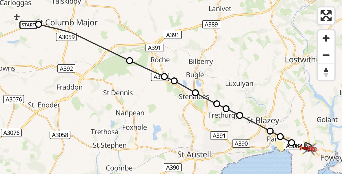 Flight route Air Ambulance Helicopter Cornwall Airport Newquay - Fowey, 22 June 2026, 11:42