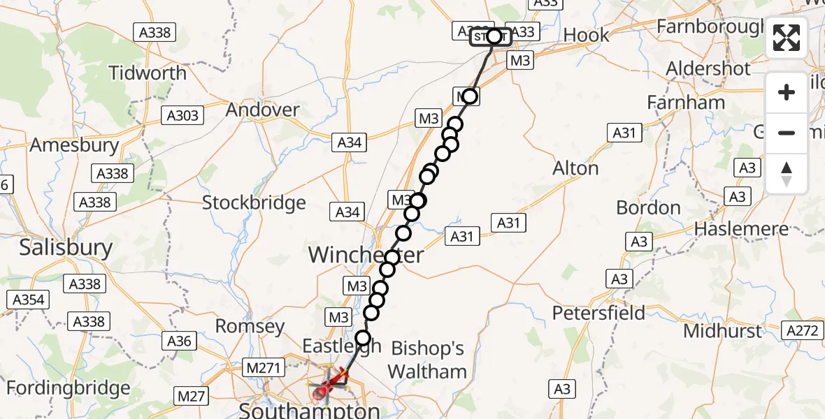 Flight route Air Ambulance Helicopter North Hampshire Hospital - Bitterne Park, 22 June 2026, 11:56