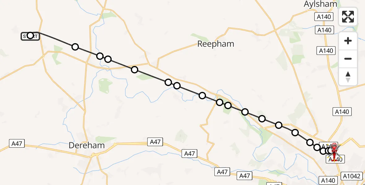Flight route Air Ambulance Helicopter Whissonsett - Norwich Airport, 22 June 2026, 11:58