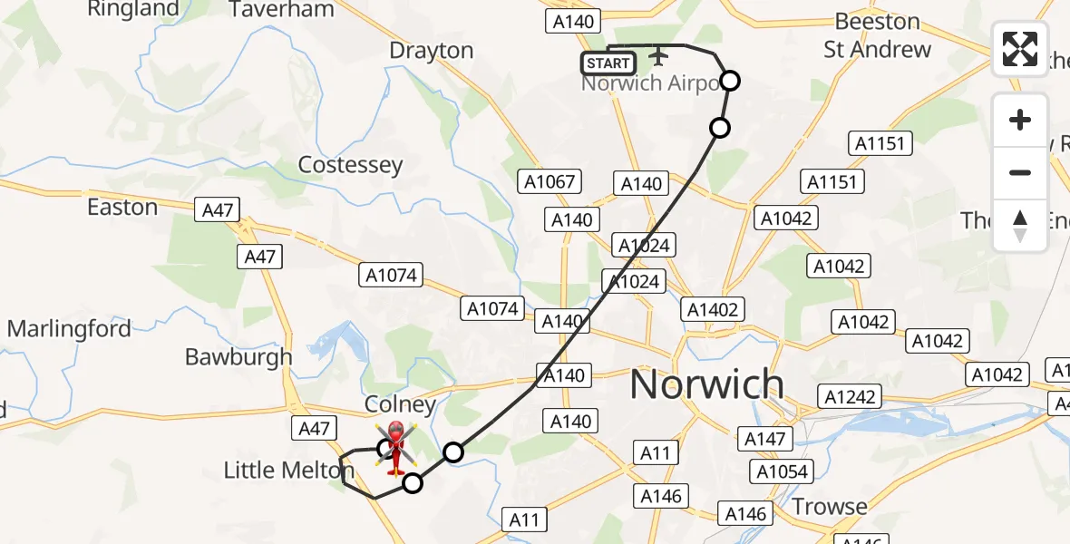 Flight route Air Ambulance Helicopter Norwich Airport - Norfolk & Norwich Hospital, 22 June 2026, 12:00