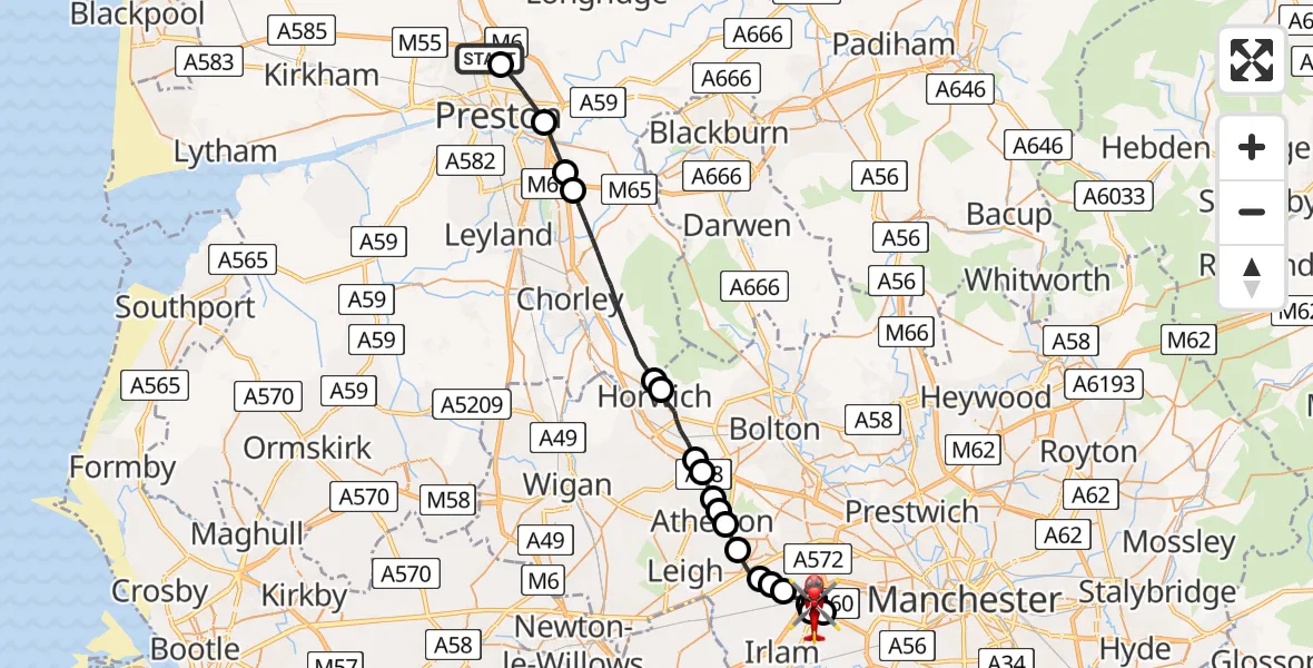 Flight route Air Ambulance Helicopter Royal Preston - Manchester Barton Aerodrome, 22 June 2026, 12:00
