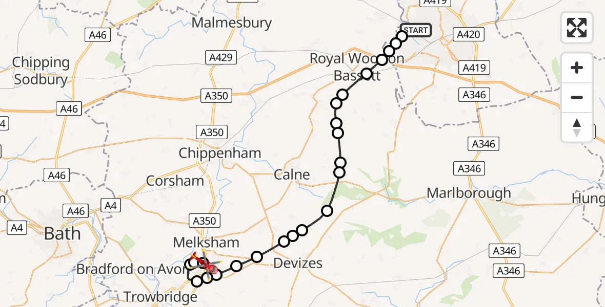 Flight route Air Ambulance Helicopter Swindon - Wiltshire Air Ambulance, 22 June 2026, 12:12