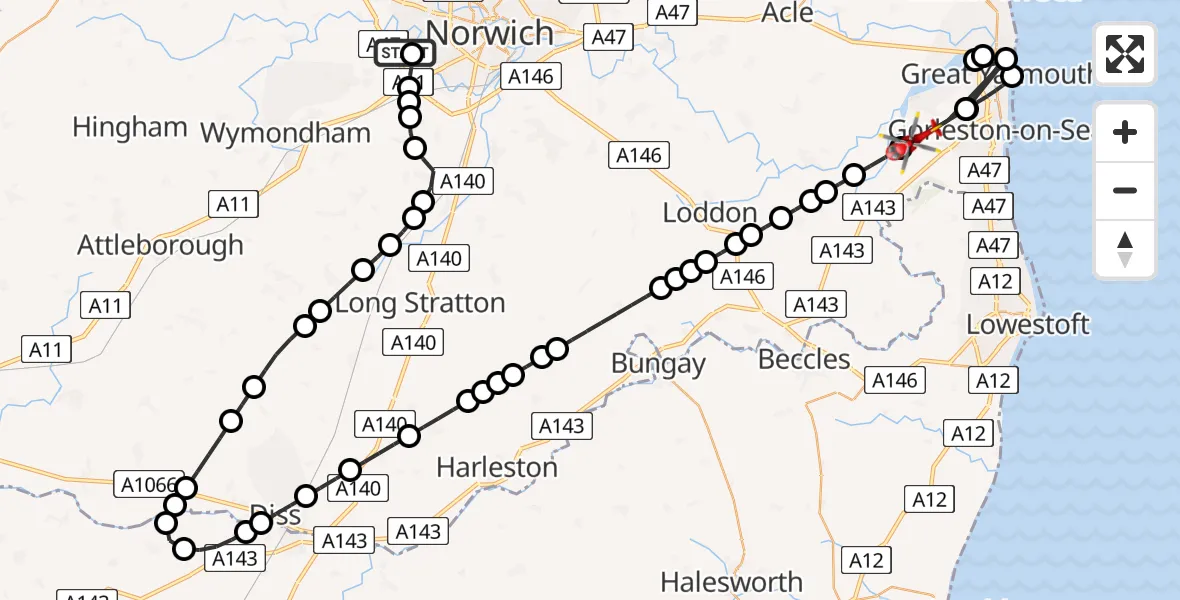 Flight route Air Ambulance Helicopter Norfolk & Norwich Hospital - Great Yarmouth, 22 June 2026, 12:36