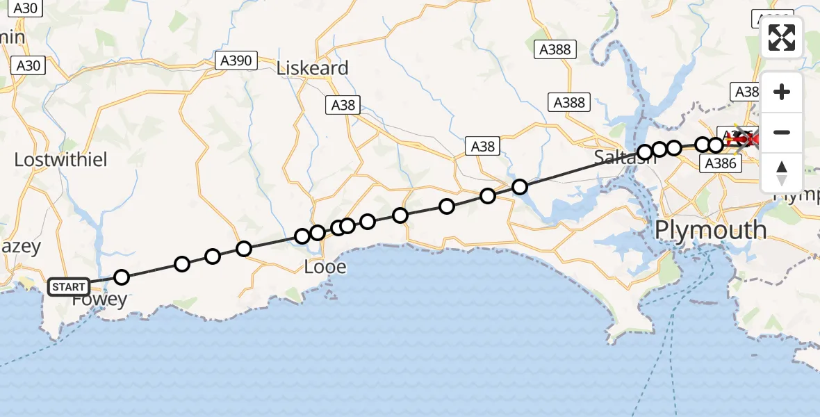 Flight route Air Ambulance Helicopter Fowey - Derriford Hospital, 22 June 2026, 12:38