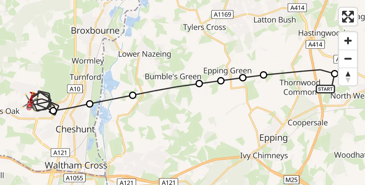 Flight route Air Ambulance Helicopter North Weald Airfield - Broxbourne, 22 June 2026, 12:43