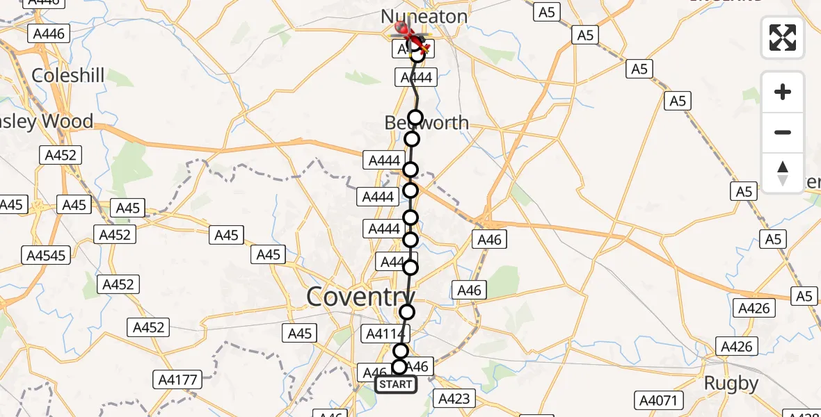Flight route Air Ambulance Helicopter Coventry Airport - George Elliot Hospital, 22 June 2026, 13:01