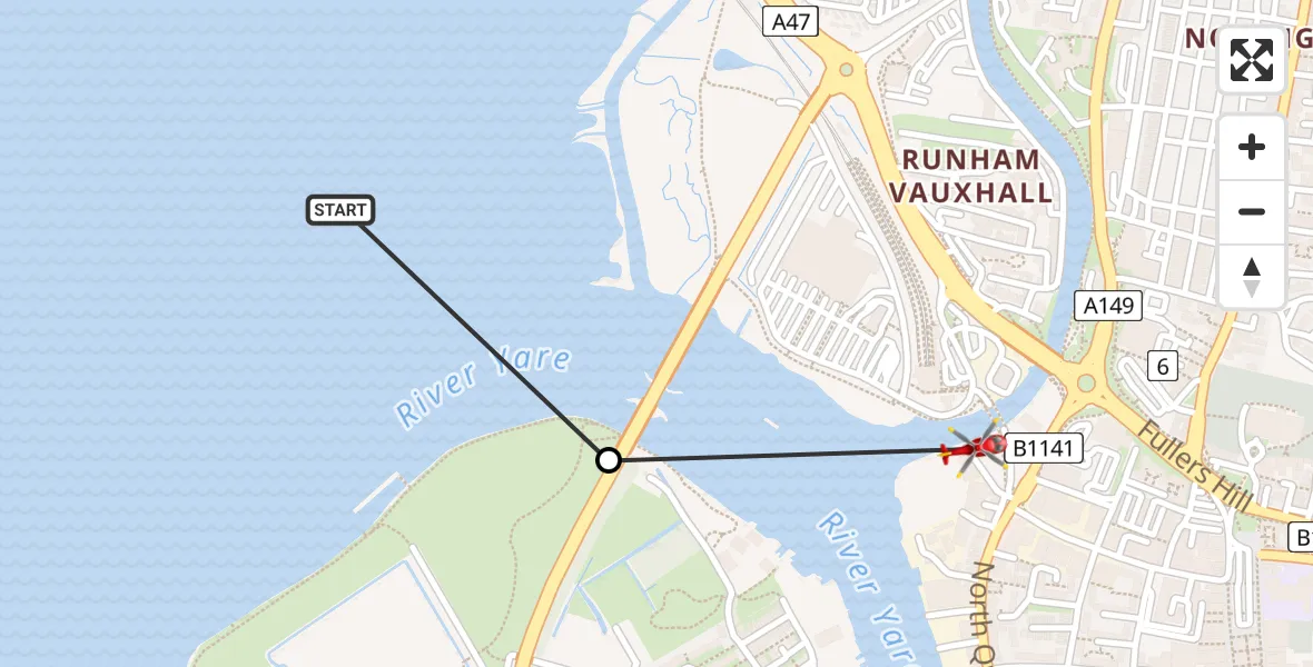 Flight route Air Ambulance Helicopter Breydon Water - Great Yarmouth, 22 June 2026, 13:12