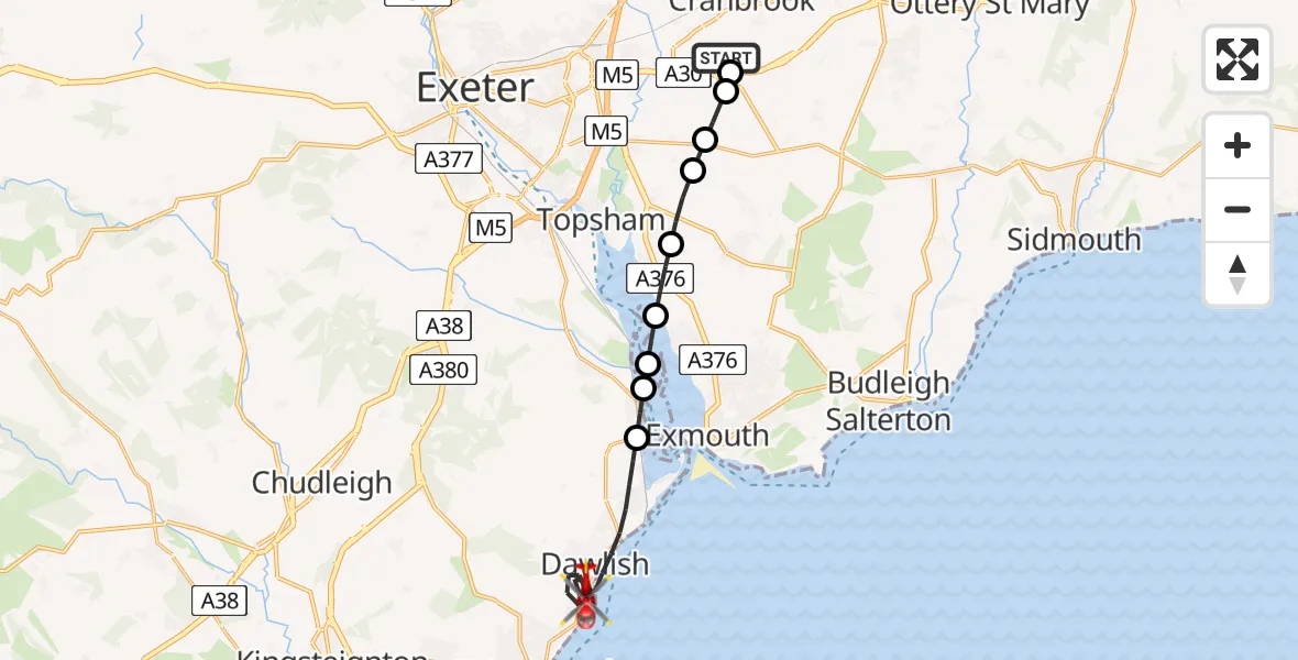 Flight route Air Ambulance Helicopter Exeter International Airport - Dawlish, 22 June 2026, 13:14