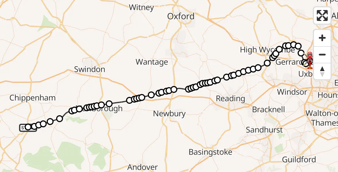 Flight route Air Ambulance Helicopter Wiltshire Air Ambulance - Denham Aerodrome, 22 June 2026, 13:19