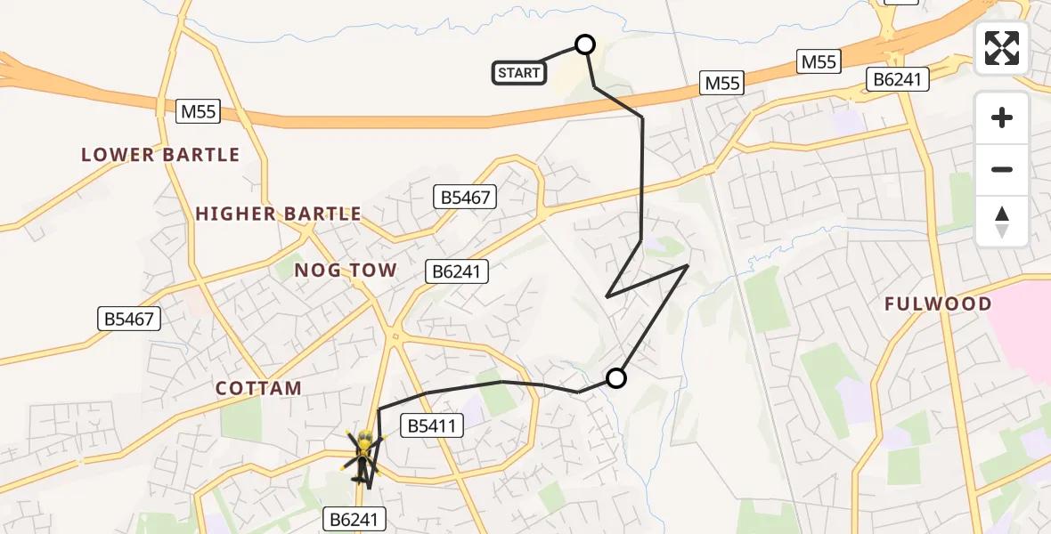 Flight route Police Helicopter Woodplumpton - Preston, 22 June 2026, 13:37