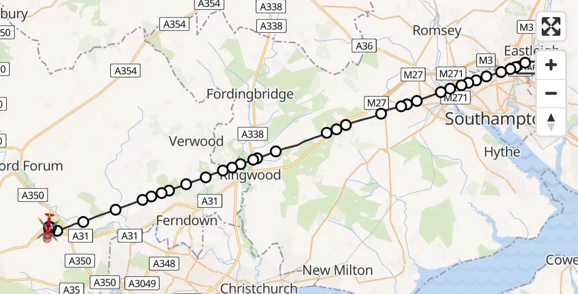 Flight route Air Ambulance Helicopter Southampton Airport - Sturminster Marshall, 22 June 2026, 13:40