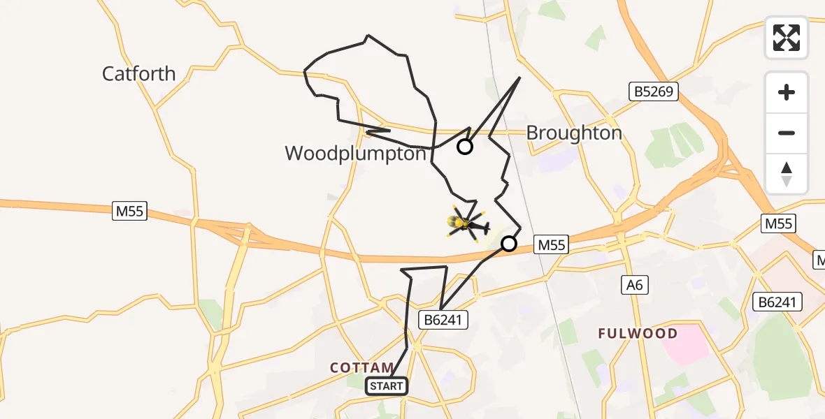 Flight route Police Helicopter Preston - Woodplumpton, 22 June 2026, 13:42