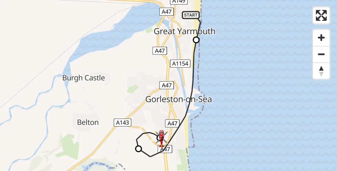 Flight route Air Ambulance Helicopter Great Yarmouth - James Paget Hospital, 22 June 2026, 13:52