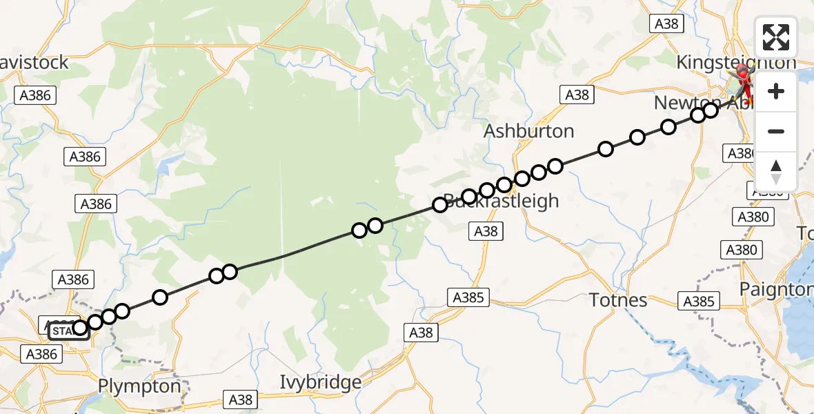 Flight route Air Ambulance Helicopter Derriford Hospital - Teignbridge, 22 June 2026, 13:58