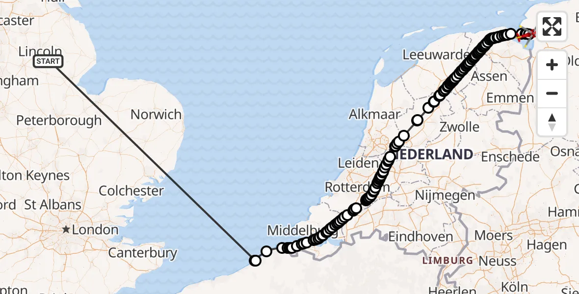 Flight route Air Ambulance Helicopter Dunston - Emden, 22 June 2026, 13:59
