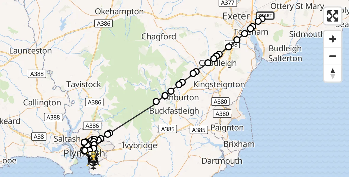 Flight route Police Helicopter Exeter International Airport - Goosewell, 22 June 2026, 14:03