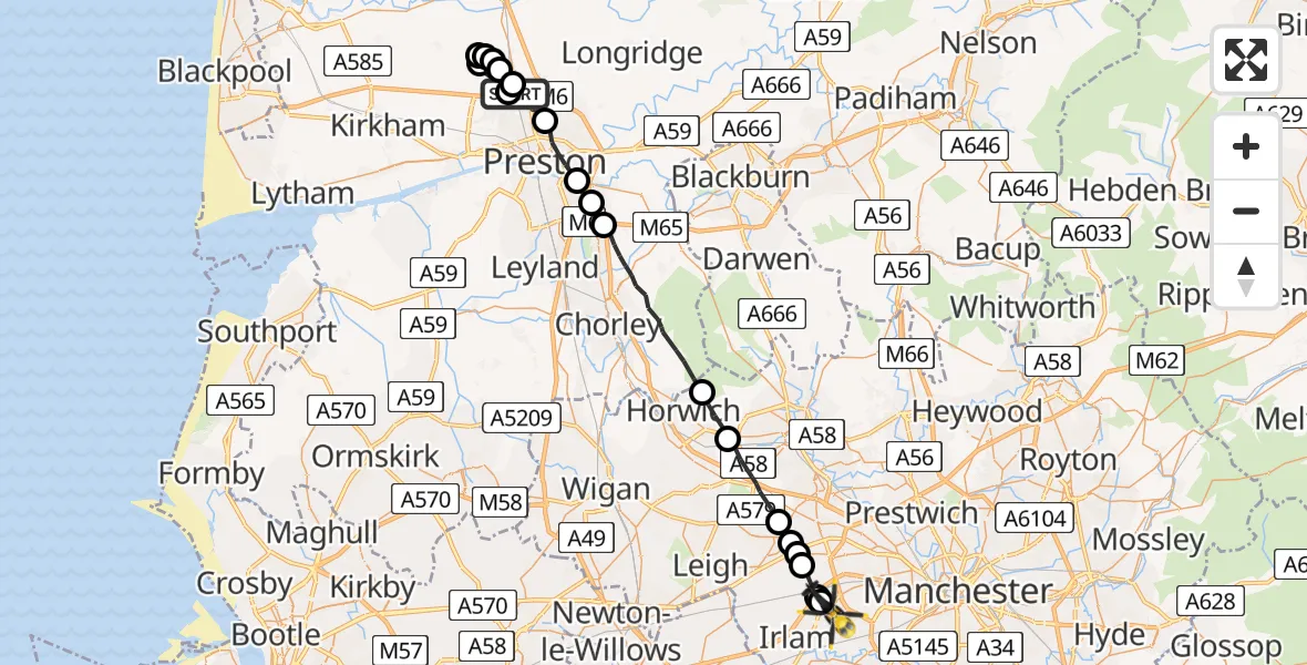 Flight route Police Helicopter Broughton - Irlam, 22 June 2026, 14:08