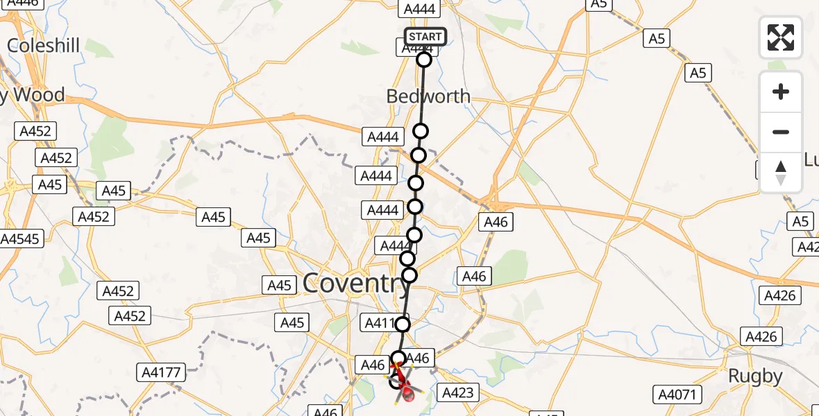 Flight route Air Ambulance Helicopter Nuneaton - Coventry Airport, 22 June 2026, 14:08